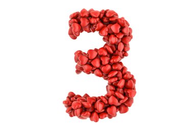 Kırmızı kalplerden 3 numara, beyaz arkaplanda 3 boyutlu görüntüleme