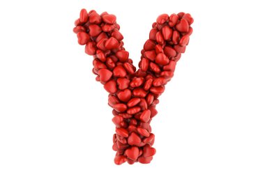 Kırmızı kalplerden Y harfi, beyaz arkaplanda 3 boyutlu görüntüleme