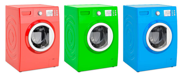 Colored Washing Machines, side view. 3D rendering isolated on white background