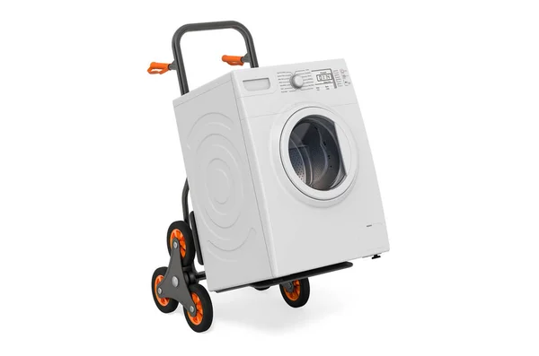 带有洗衣机的手推车 应用交付的概念 在白色背景上孤立的3D渲染 — 图库照片