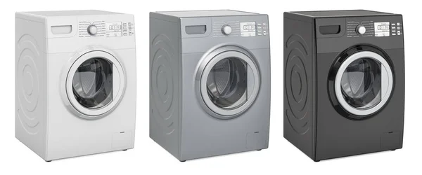 Washing Machines Silver Black Side View Rendering Isolated White Background — Stock Photo, Image