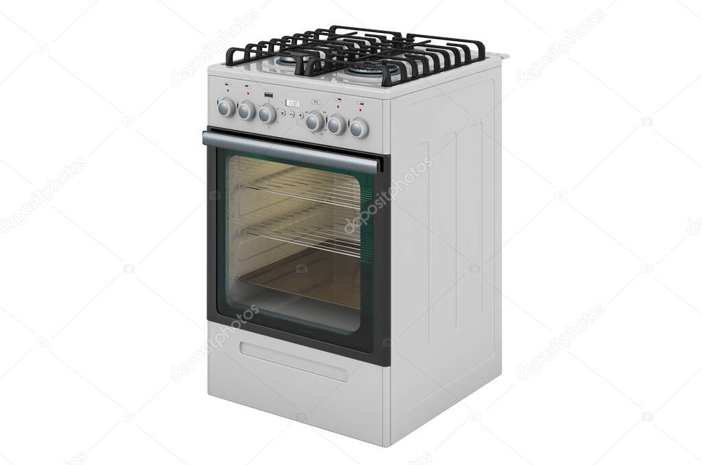 Gas range with oven and 4 burners, side view. 3D rendering isolated on white background