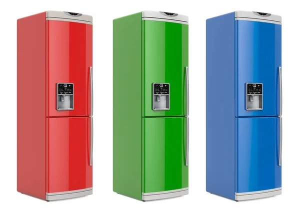 Refrigerators Blue Red Green Colors Side Views Rendering Isolated White — Stock Photo, Image