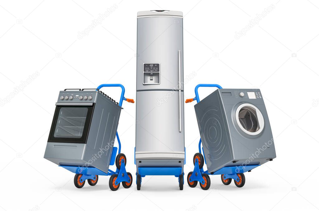 Delivery of household kitchen appliances concept. Hand trucks with fridge, washing machine and gas stove. 3D rendering isolated on white background