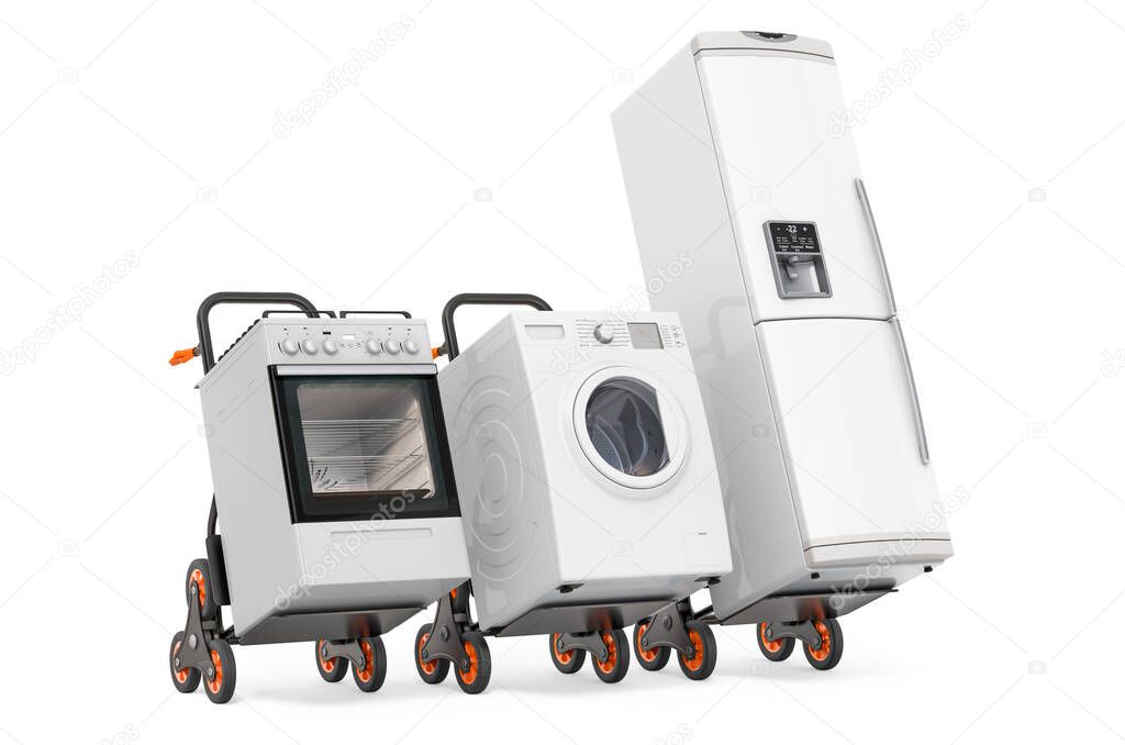 Hand trucks with fridge, washing machine and gas stove. Delivery of household kitchen appliances concept. 3D rendering isolated on white background