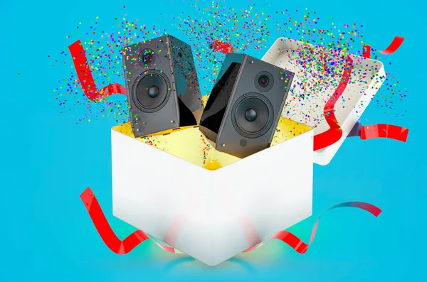 Musical speakers inside gift box, 3D rendering on blue background