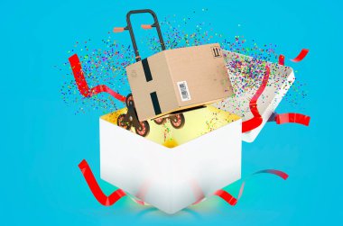 Ücretsiz teslimat. Hediye kutusunun içindeki el arabasında karton kutu, mavi arka planda 3D resim.