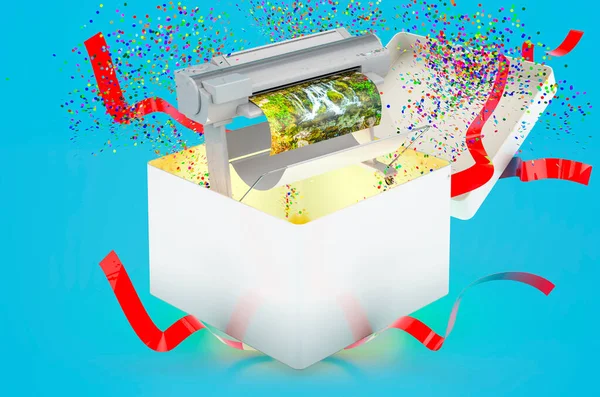 Large Format Inkjet Printing Plotter Gift Box Rendering Blue Background — Stock Photo, Image