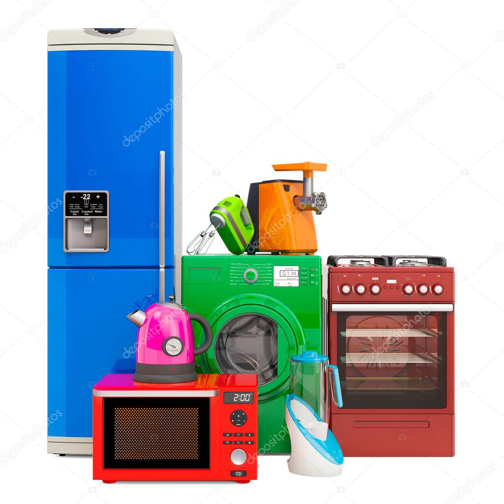 Set of colored kitchen appliances. Washing machine, fridge, gas range, microwave oven, meat grinder, mixer, kettle and hydrogen rich water machine. 3D rendering isolated on white background