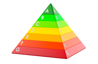 Enerji verimliliği piramidi. A 'dan G.' ye derecelendirme derecesi şeffaf arkaplanda izole edilmiş.