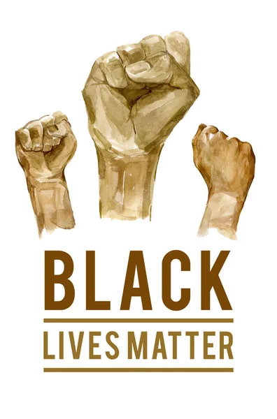 Hand symbol for black lives matter watercolor illustration. Stop racism, shooting, violence. I can't breathe. BLM protest fists. Stop Police violence to black people. Support for equal rights.
