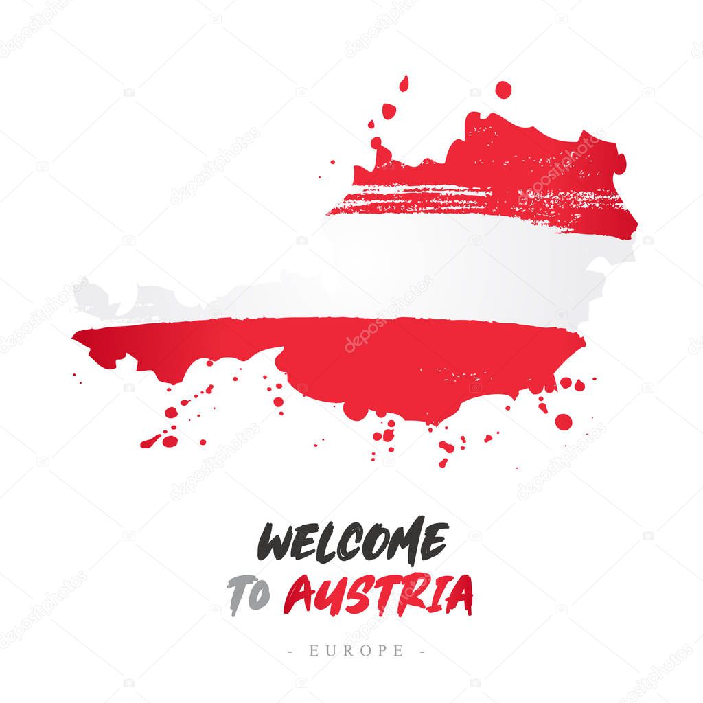 Welcome to Austria. Europe. Flag and map of the country of Austria from brush strokes. Lettering. Vector illustration on white background.