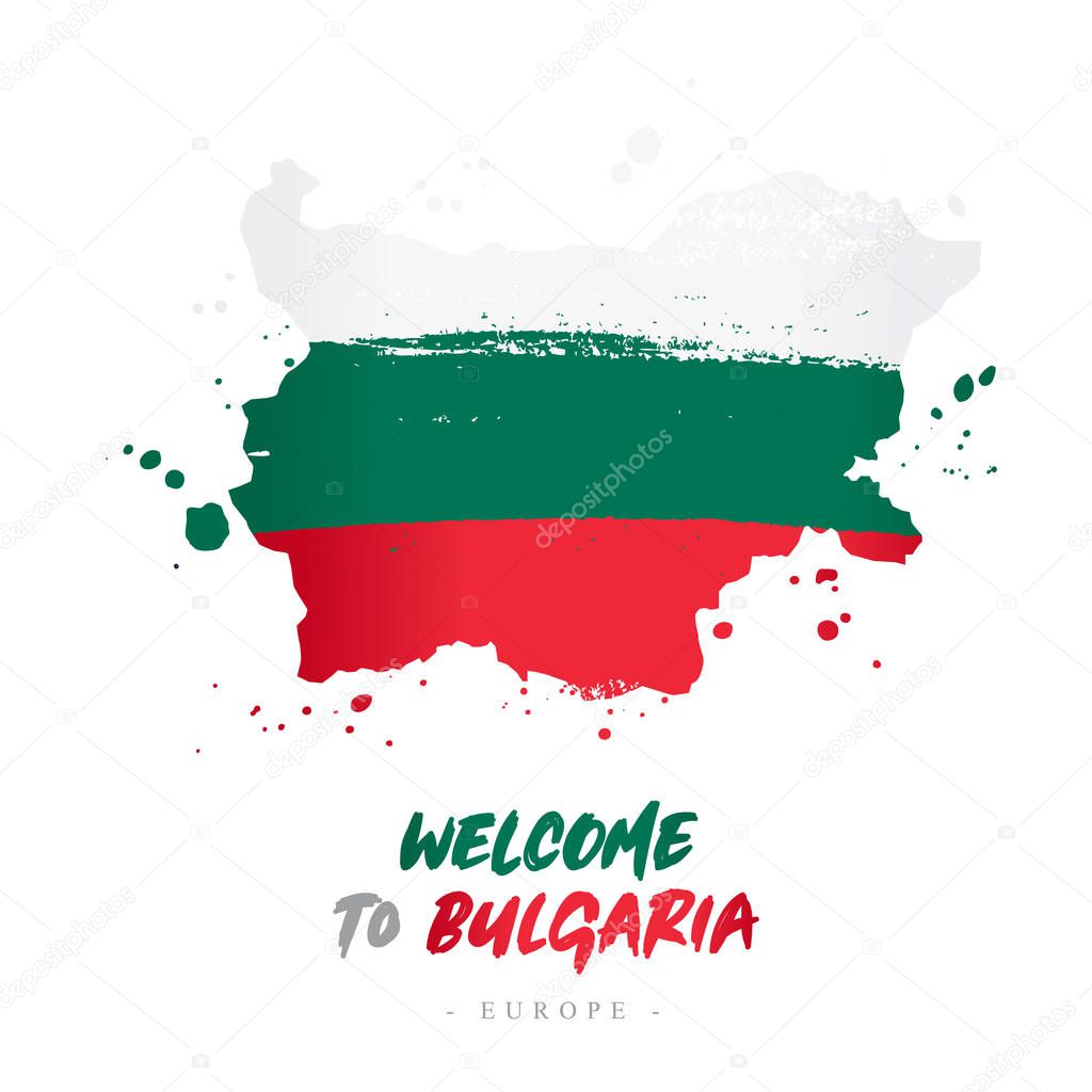 Welcome to Bulgaria. Europe. Flag and map of the country of Bulgaria from brush strokes. 