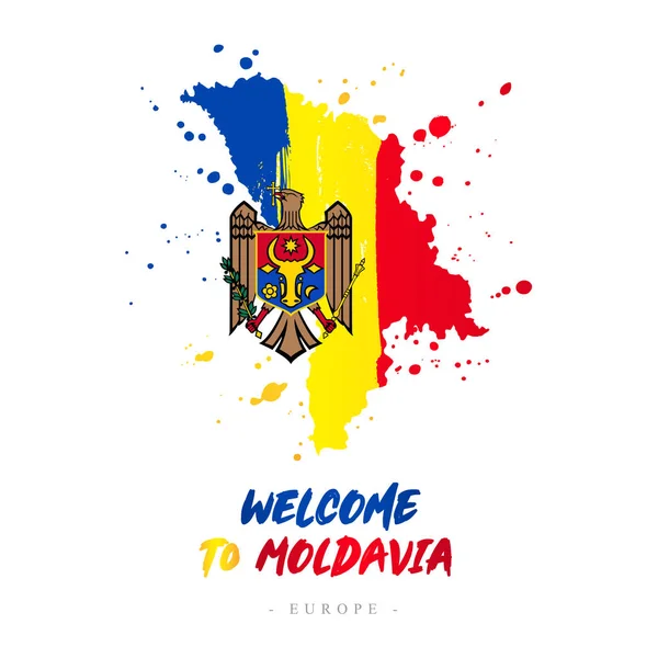 Bienvenido Moldavia Europa Bandera Mapa Del País Moldavia Pinceladas Letras — Archivo Imágenes Vectoriales