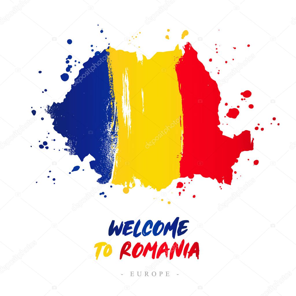 Welcome to Romania. Europe. Flag and map of the country of Romania from brush strokes. Lettering. Vector illustration on white background
