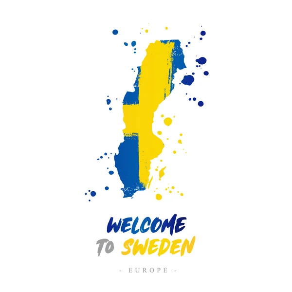 Bienvenido Suecia Europa Bandera Mapa Del País Suecia Pinceladas Letras — Archivo Imágenes Vectoriales