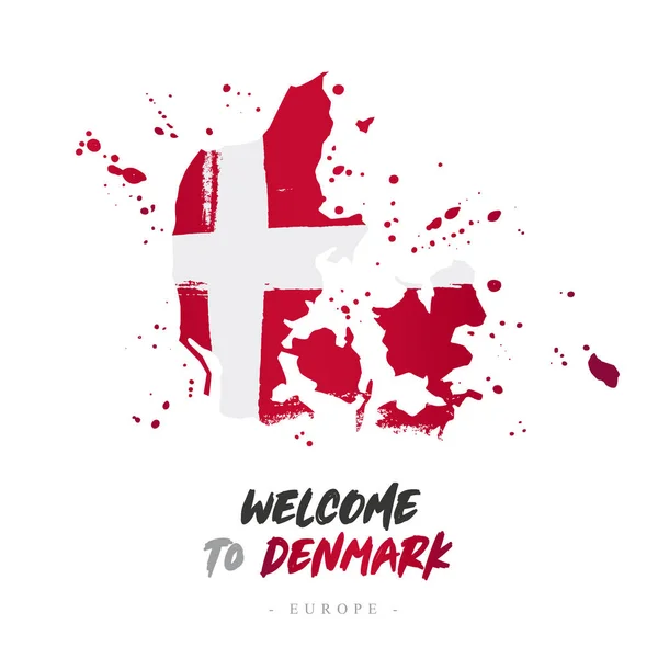 Bienvenido Dinamarca Europa Bandera Mapa Del País Dinamarca Pinceladas Letras — Archivo Imágenes Vectoriales