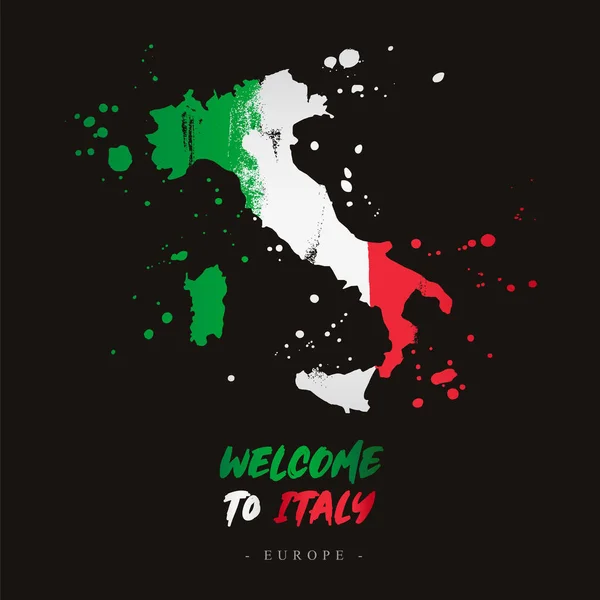 イタリアへようこそ ヨーロッパ フラグとブラシ ストロークからイタリアの国の地図 — ストックベクタ