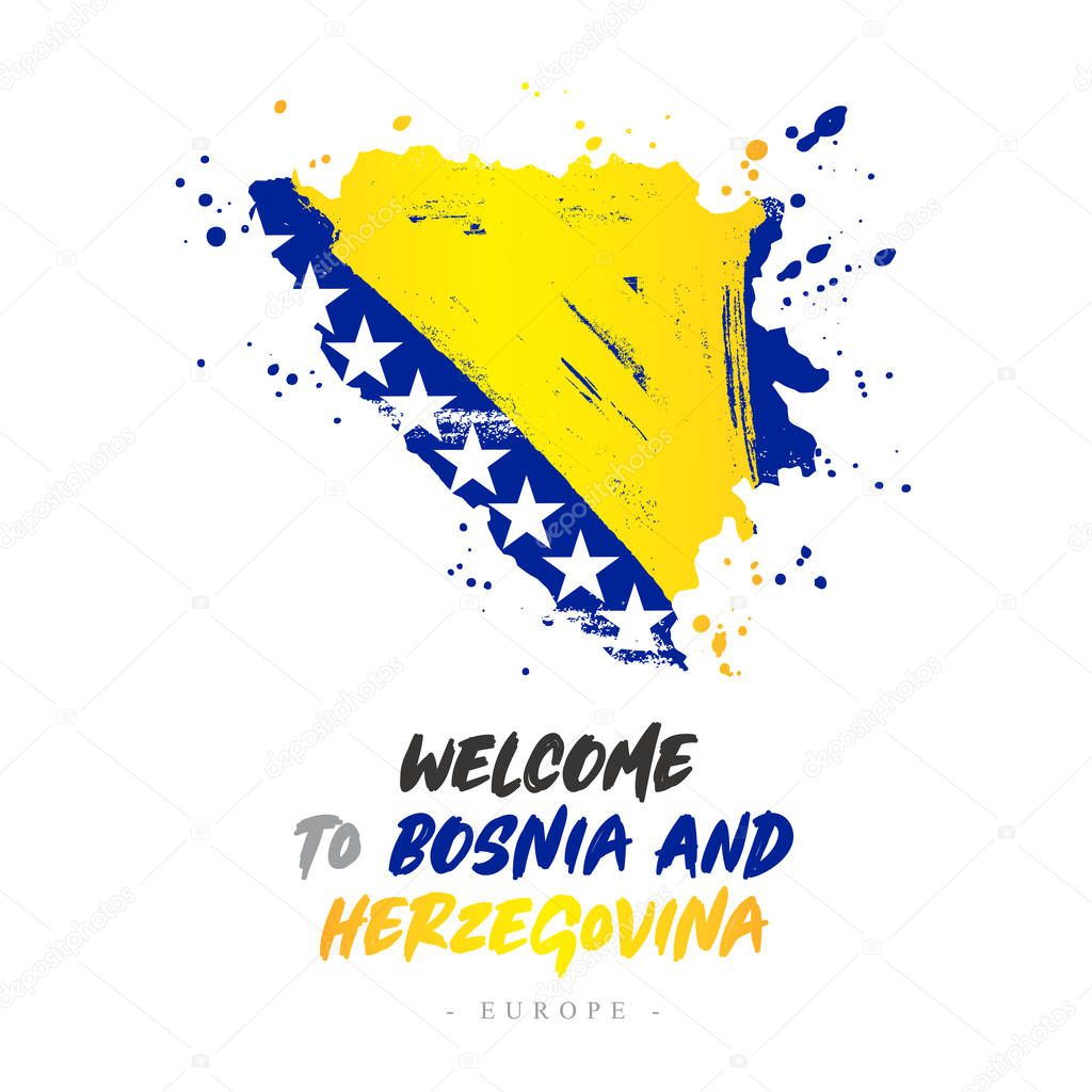 Welcome to Bosnia and Herzegovina. Europe. Flag and map of the country of Bosnia and Herzegovina from brush strokes. Lettering. Vector illustration on white background.