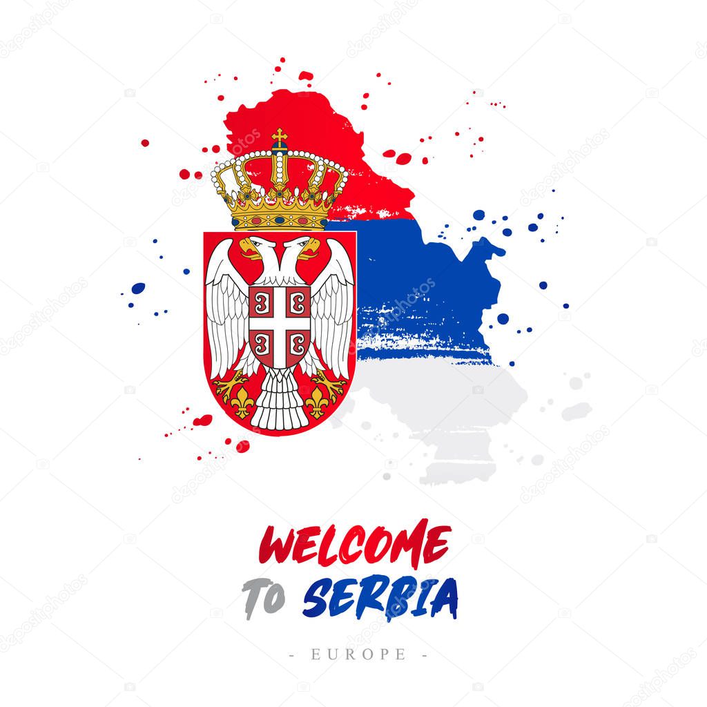 Welcome to Serbia. Europe. Flag and map of the country of Serbia from brush strokes