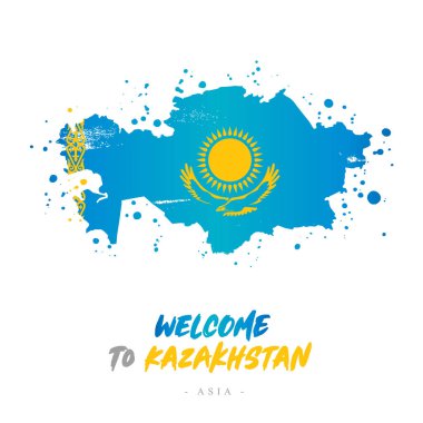 Kazakistan hoş geldiniz. Asya. Bayrak ve Kazakistan ülkeden fırça darbeleri haritası. Yazı. Beyaz arka plan üzerinde vektör çizim