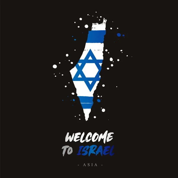 Bienvenue Israël Asie Drapeau Carte Pays Israël Partir Coups Pinceau — Image vectorielle