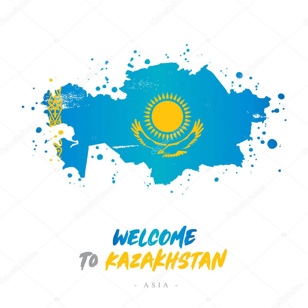 Welcome to Kazakhstan. Asia. Flag and map of the country of Kazakhstan from brush strokes. Lettering. Vector illustration on white background