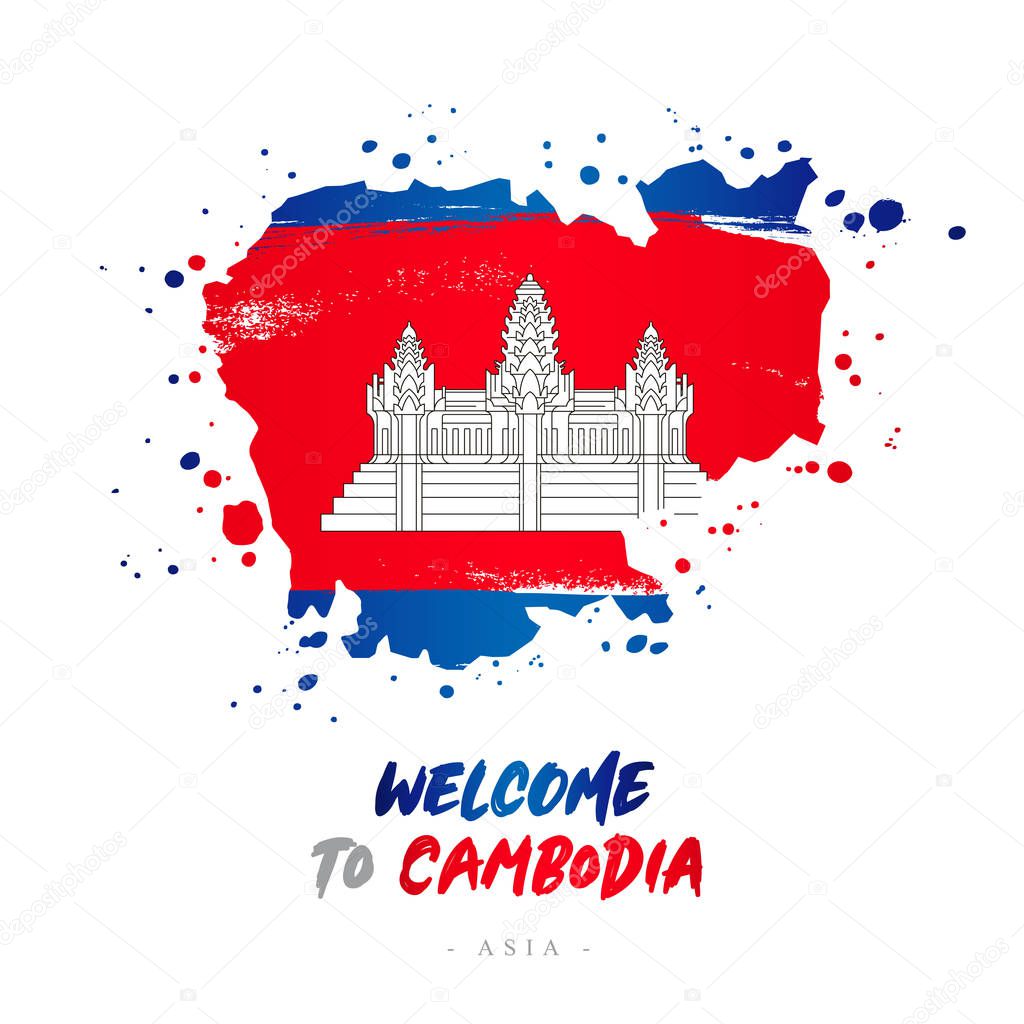Welcome to Cambodia. Asia. Flag and map of the country of Cambodia from brush strokes. Lettering. Vector illustration on white background.