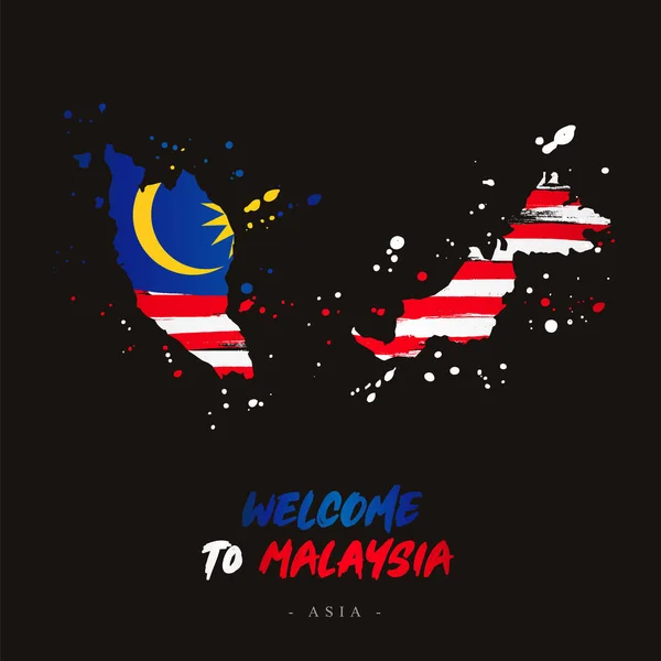Benvenuto Malesia Asia Bandiera Mappa Del Paese Della Malesia Dalle — Vettoriale Stock