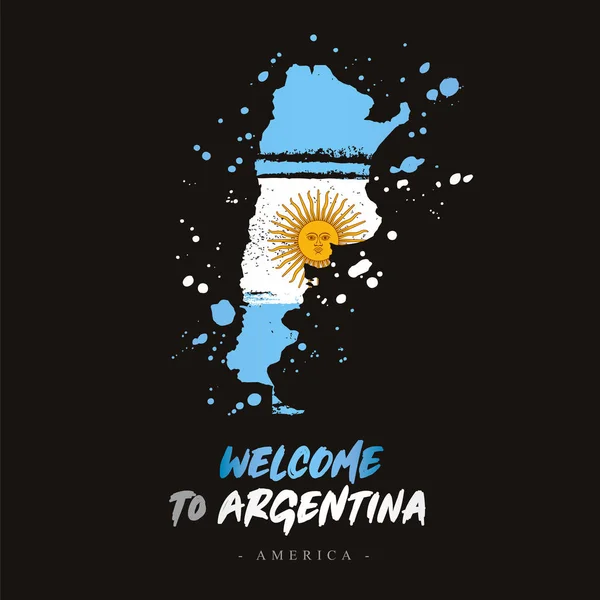 欢迎来到阿根廷 阿根廷的国家的旗子和地图从刷子冲程 黑色背景上的矢量插图 — 图库矢量图片