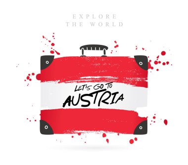 Avusturya bayrağı çantayla. Yazıt - Avusturya'ya gidelim. Yazı. Beyaz arka plan üzerinde vektör çizim.