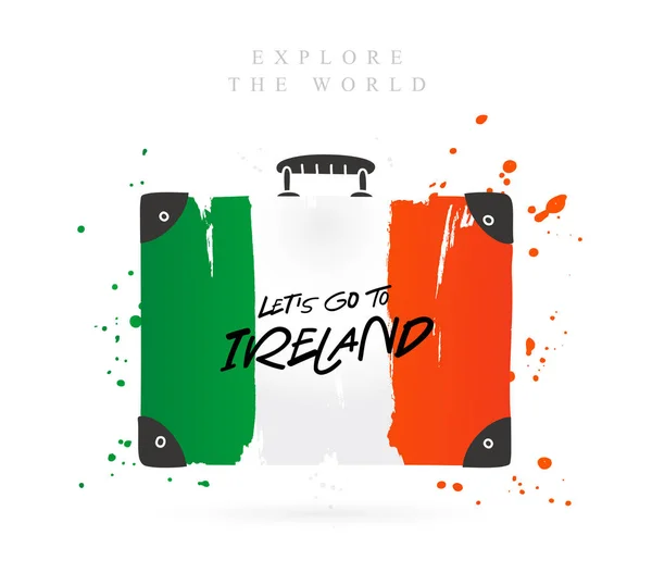 アイルランドのフラグとスーツケース アイルランドに行きましょう レタリング 白の背景にベクトル画像 — ストックベクタ