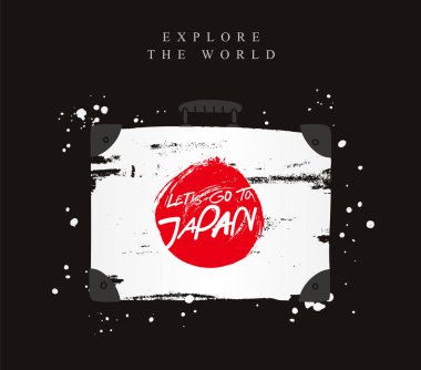 Japonya bayrağı çantayla. Yazıt - Japonya'ya gidelim. Yazı. Vektör çizim siyah arka plan üzerine.