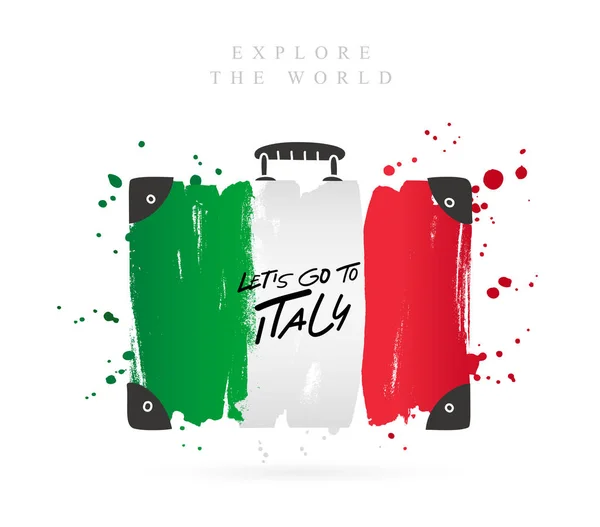 イタリアの国旗とスーツケース イタリアに行きましょう レタリング 白の背景にベクトル画像 — ストックベクタ
