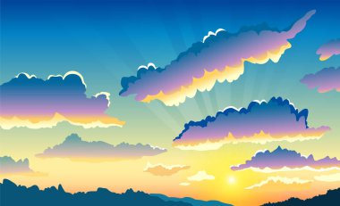 Bulutlar güzel gökyüzü arka plan. Vektörde manzara. Günbatımı.
