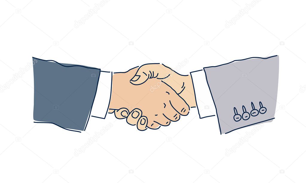 Business handshake. The concept of the transaction. Vector illustration on white background. Man's hands. Deal.