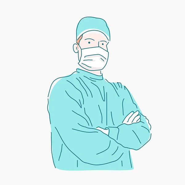 Erstklassiger Chirurg Mit Verschränkten Armen Arzt Blauer Robe Vektorillustration Medizinische — Stockvektor