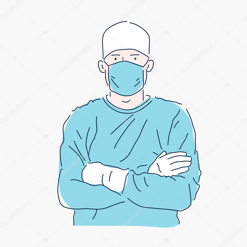 First-class surgeon with arms crossed. Doctor in a blue robe. Vector illustration. Medical worker.