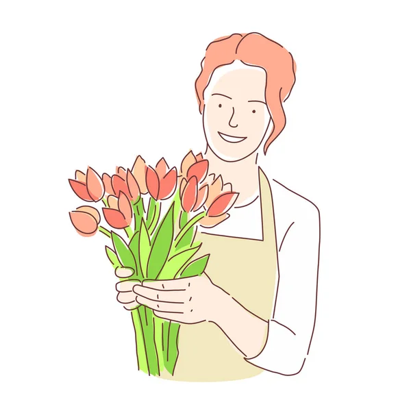 Blumenmädchen Mit Einem Strauß Schöner Tulpenblumen Vektor Illustration Auf Weißem — Stockvektor
