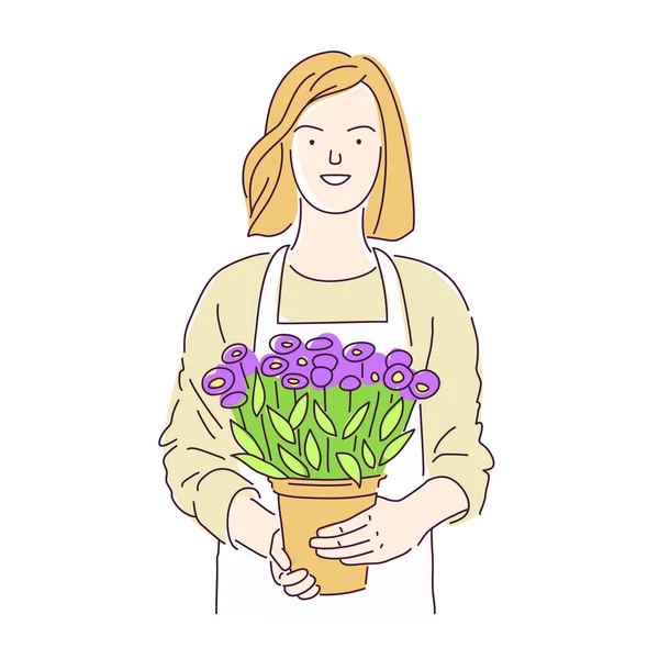 Blumenmädchen Mit Einem Topf Voller Schöner Blumen Vektor Illustration Auf — Stockvektor