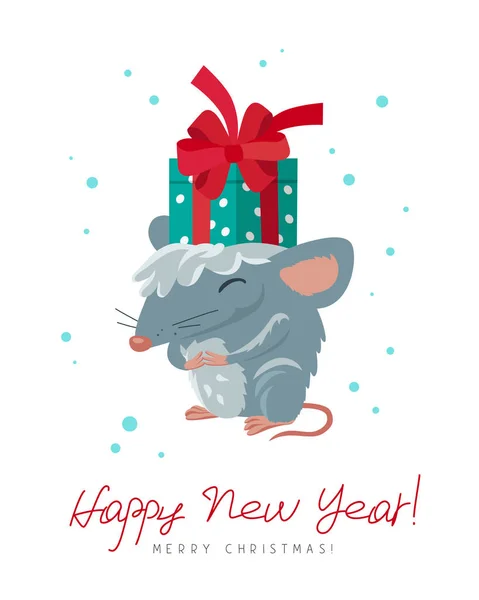 Mignon rat drôle avec une boîte-cadeau. Le symbole du Nouveau 20 chinois — Image vectorielle