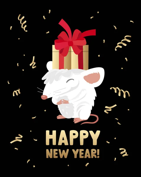 Rato branco com uma caixa de presente dourada. Feliz Ano Novo. Cartas . —  Vetores de Stock
