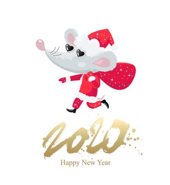 Mouse in a Santa Claus costume. Happy New 2020 Year.  clipart