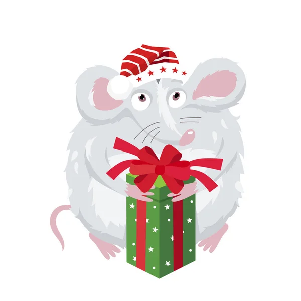 Милая мышка в красной шляпе с большой зеленой коробкой подарков . — стоковый вектор