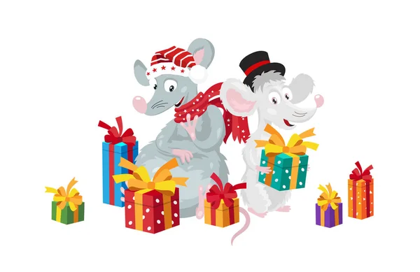Zwei lustige Ratten umgeben von Geschenkboxen. — Stockvektor