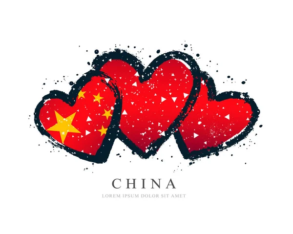 Bandera china en tres corazones. Ilustración vectorial — Archivo Imágenes Vectoriales
