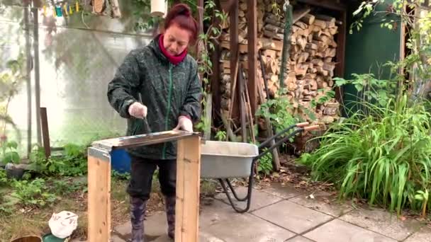 Frau Bemalt Eine Holzkiste Für Setzlinge Der Hütte Landleben — Stockvideo