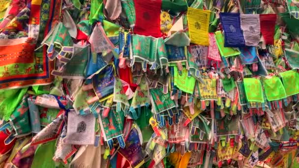 Boeddhistische Gebedsvlaggen Wapperen Wind Bescherming Tegen Het Kwaad Gezegend Leven — Stockvideo