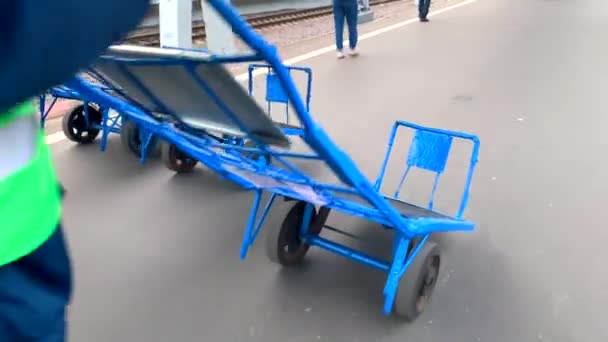 Szentpétervár Oroszország 2019 Október Férfiak Rakodók Sétálnak Csomagszállító Kocsikkal Pályaudvar — Stock videók