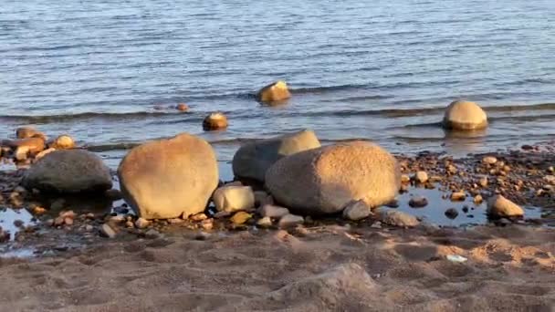 Piękna Plaża Nad Błękitnym Morzem Koncepcja Harmonii Równowagi Prostoty Kamienie — Wideo stockowe